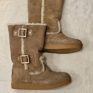 Tory Burch Womens Tan/Camel Shearling-Lined Suede Snow Boots Leather Buckle 5